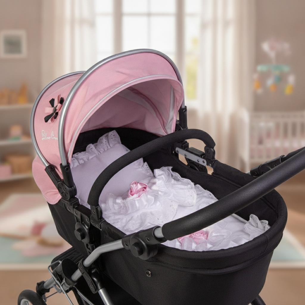 Roma white and pink rose bedding set laid inside a dolls pram carrycot