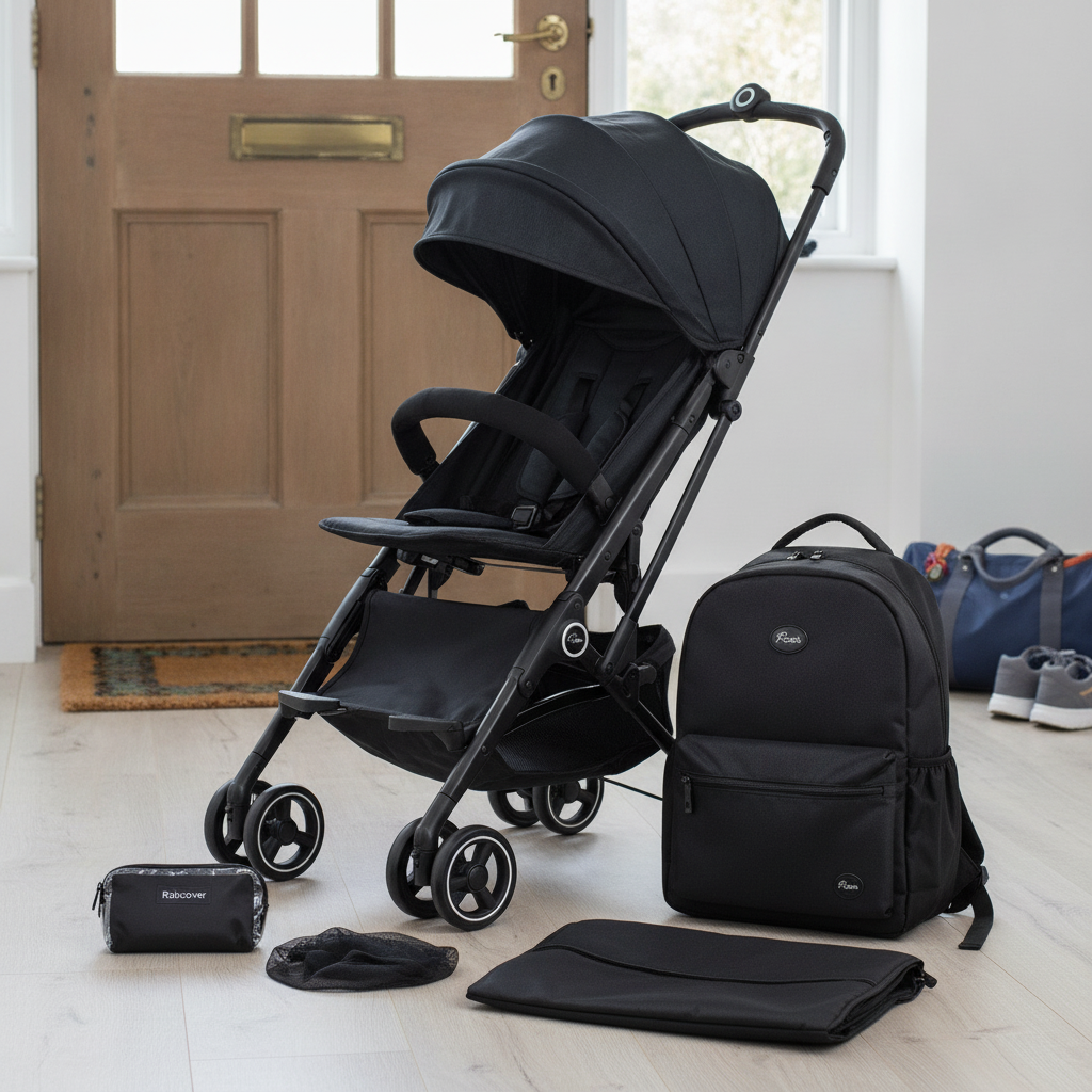Roma Capsule3 stroller in Jet Black folded next to its included travel backpack, raincover and insect net