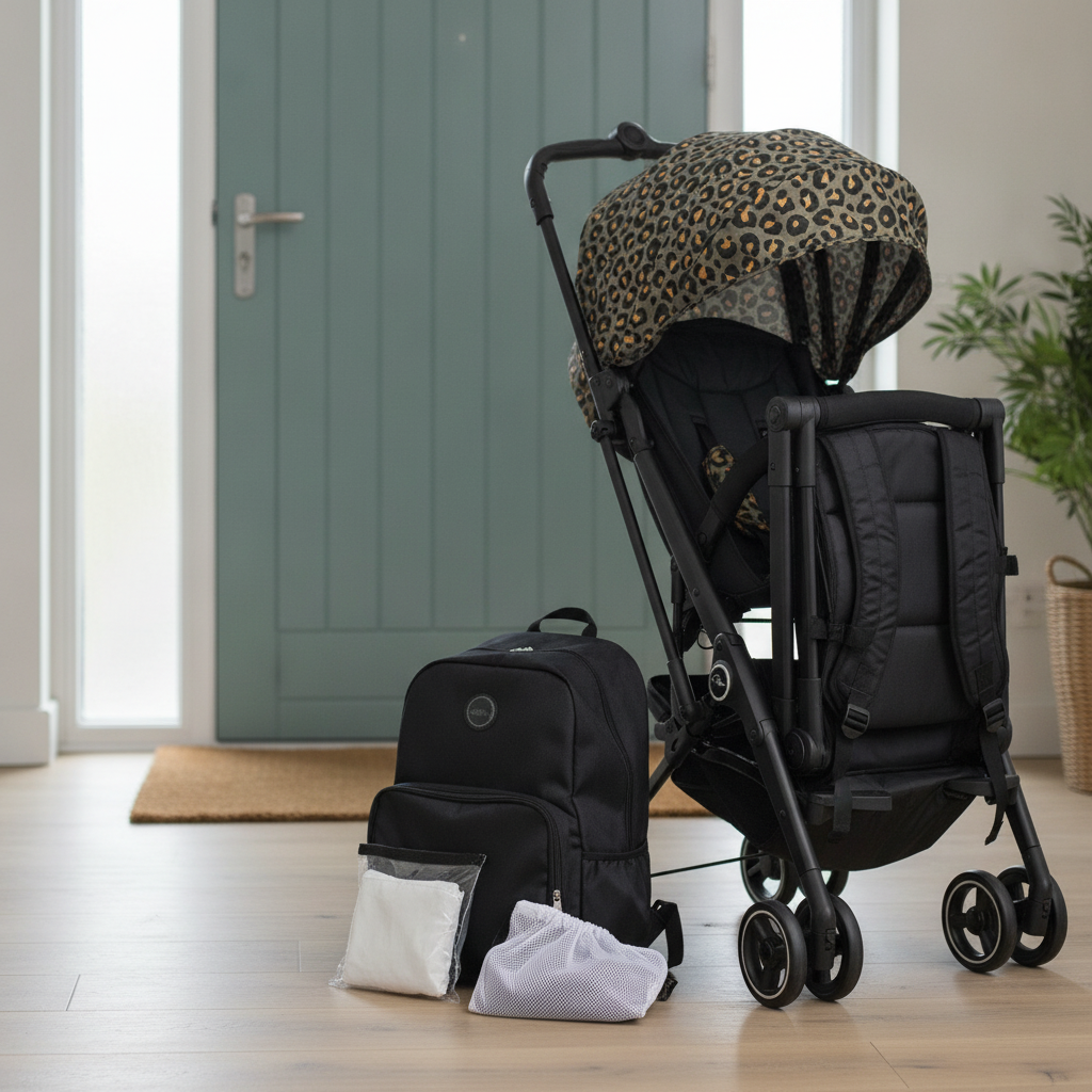 Roma Capsule3 stroller in Khaki Leopard folded next to its included travel backpack, raincover and insect net