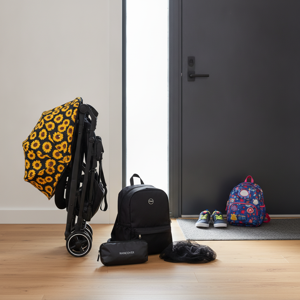 Roma Capsule3 stroller in Sunflower folded next to its included travel backpack, raincover and insect net