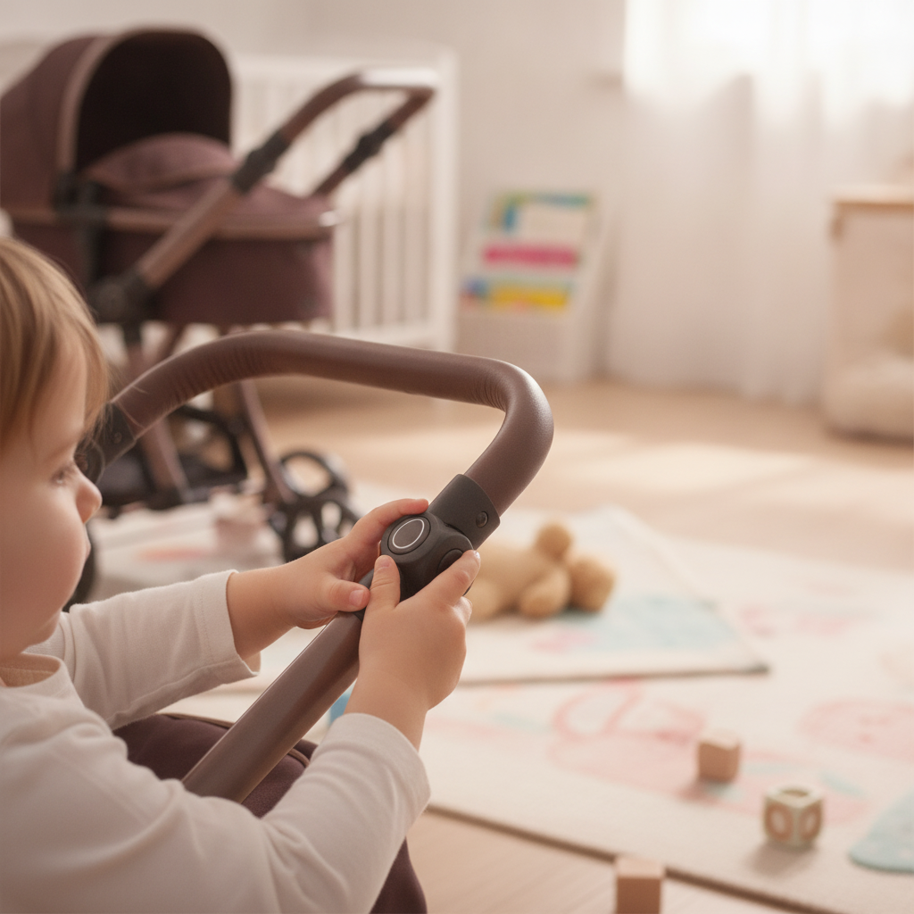 Roma Egg Dolls Pram in Mulberry styled in a nursery, child interacting with the pram controls