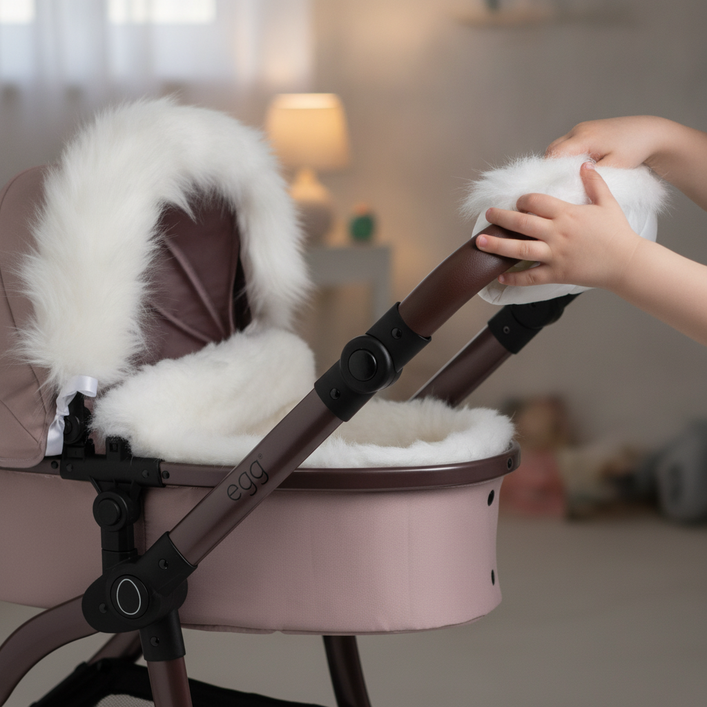 Child fastening the white fur handmuff onto a Roma Egg dolls pram handle