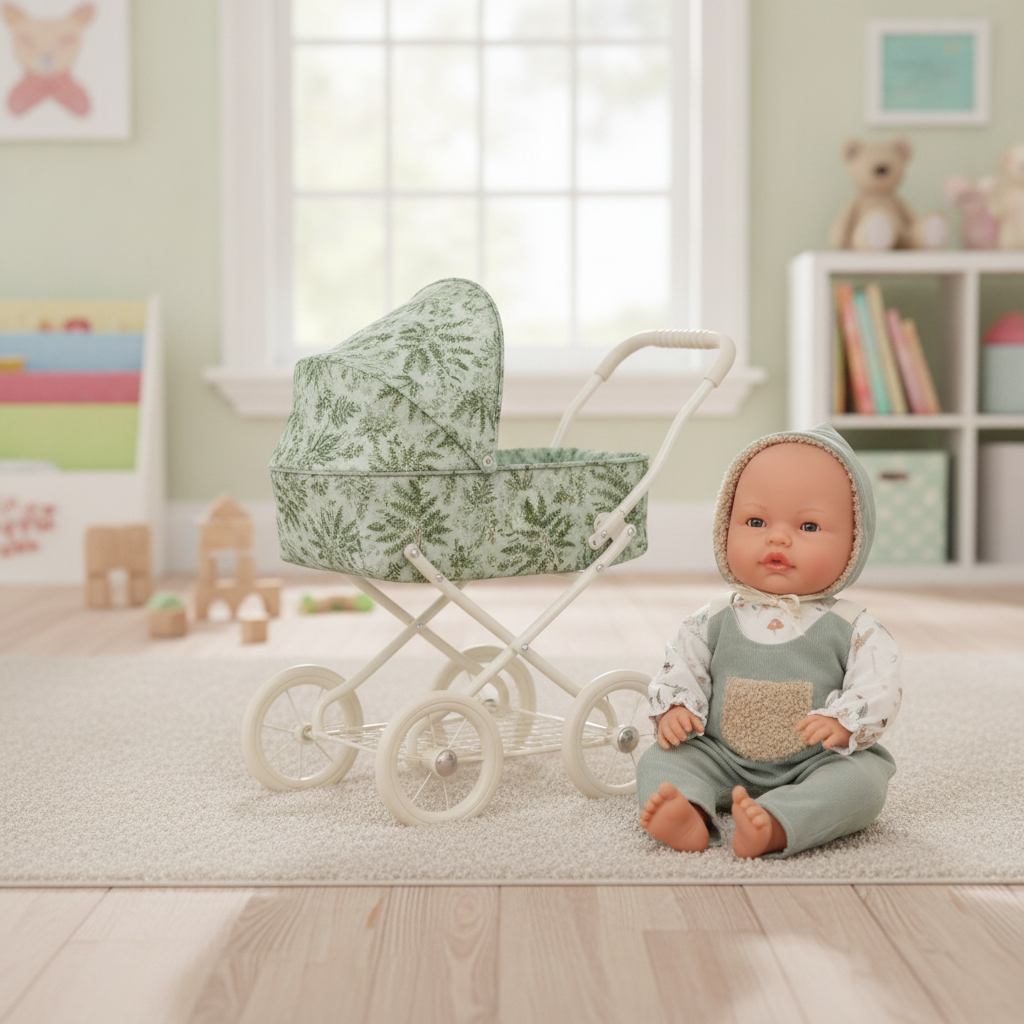 Roma Fern Doll shown beside the coordinating Roma Fern Dolls Pram