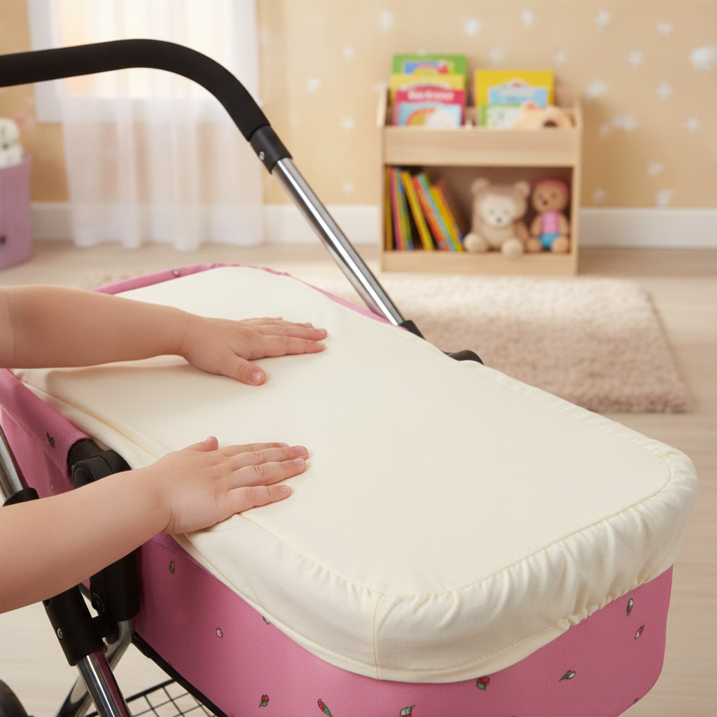 Child's hands fitting the cream Roma Dolls Pram Fitted Sheet onto a carrycot mattress