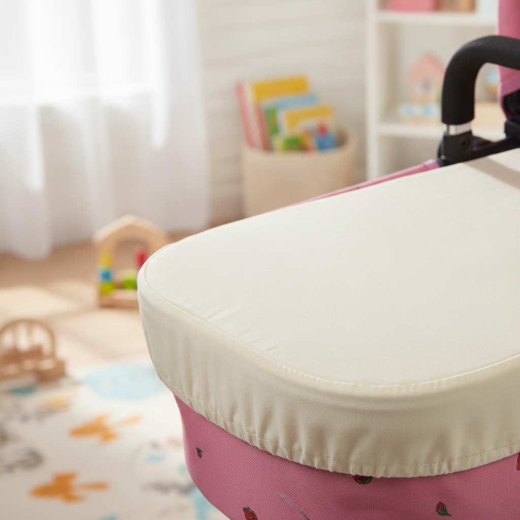 Close-up of the cream Roma Dolls Pram Fitted Sheet's rounded corner fitted snugly over the mattress
