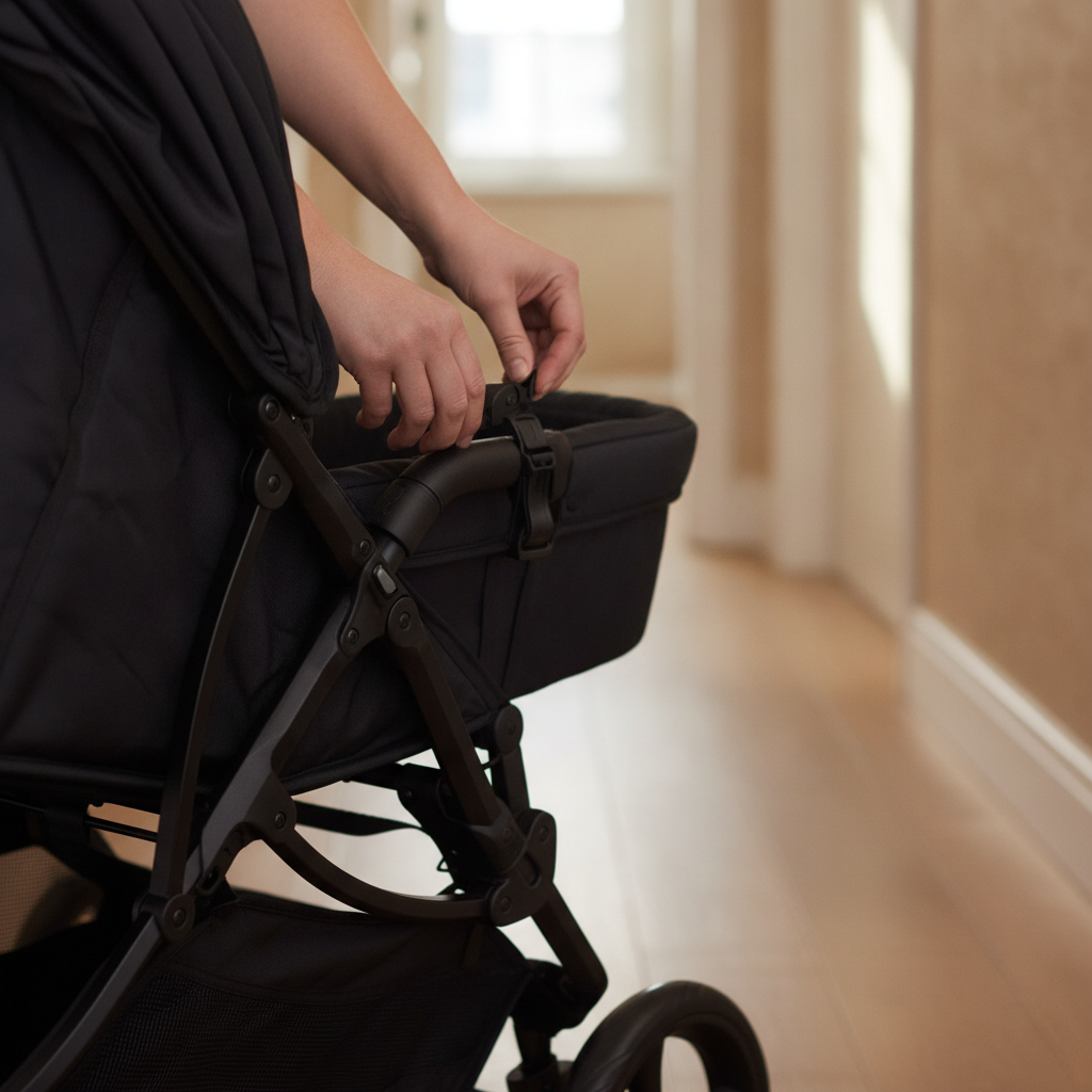 Parent clipping a carrycot onto the Roma Gemini 2 Base chassis using the magnetic buckles