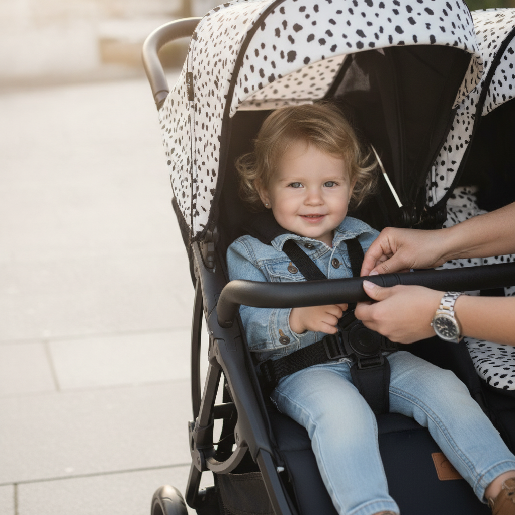 Parent securing the magnetic harness and seat lock on the Roma Gemini 2 pushchair in Dalmatian print