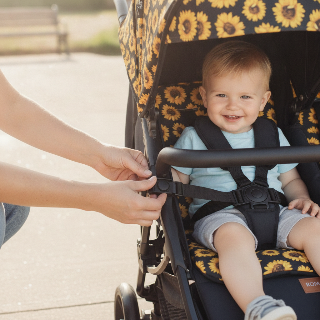 Parent securing the magnetic harness and seat lock on the Roma Gemini 2 pushchair in Sunflower