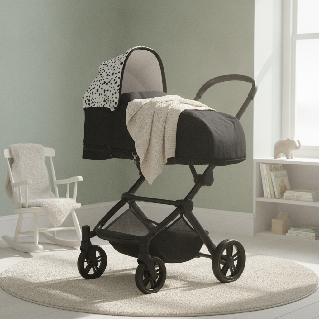 Roma Gemini 2 Carry Cot in Dalmatian print fitted to the pushchair in a nursery corner