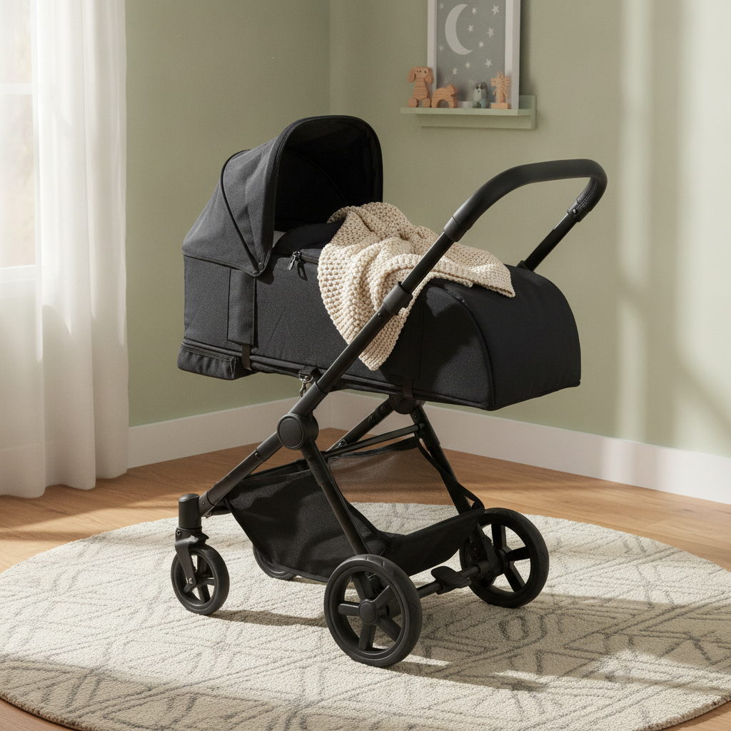 Roma Gemini 2 Carry Cot in Jet Black fitted to the pushchair in a nursery corner