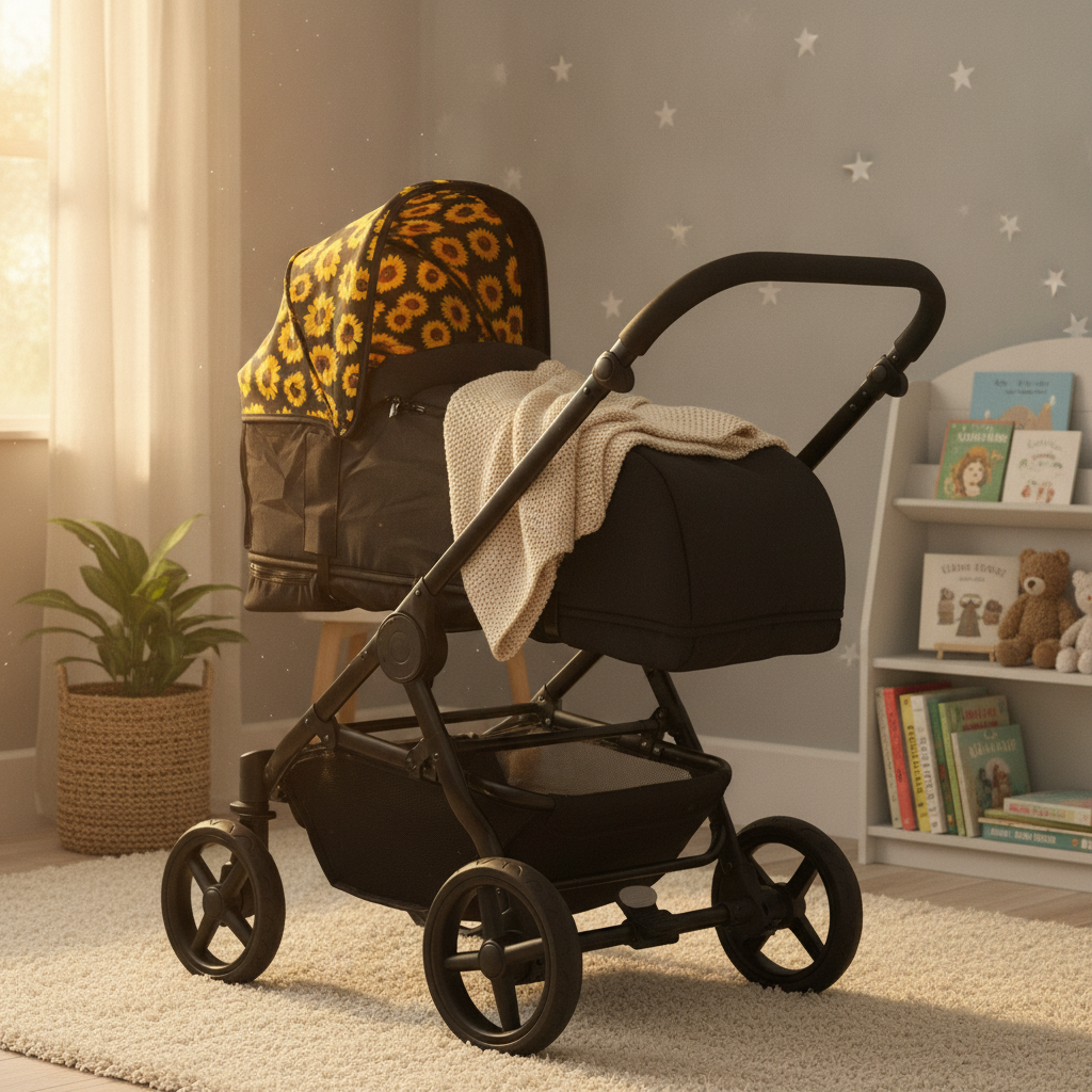Roma Gemini 2 Carry Cot in Sunflower fitted to the pushchair in a nursery corner