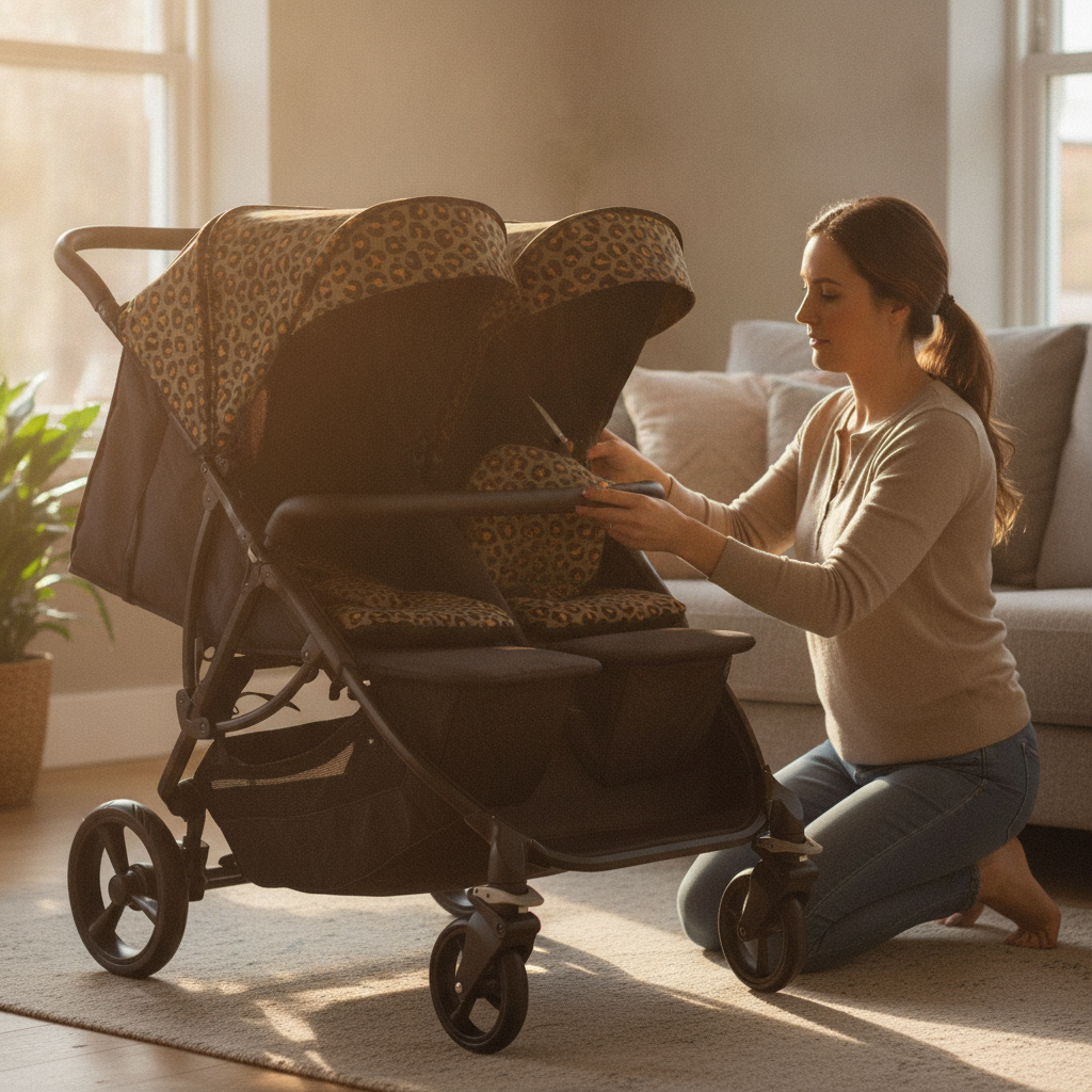 Parent fitting the Roma Gemini 2 Colour Pack in Khaki Leopard onto the pushchair chassis