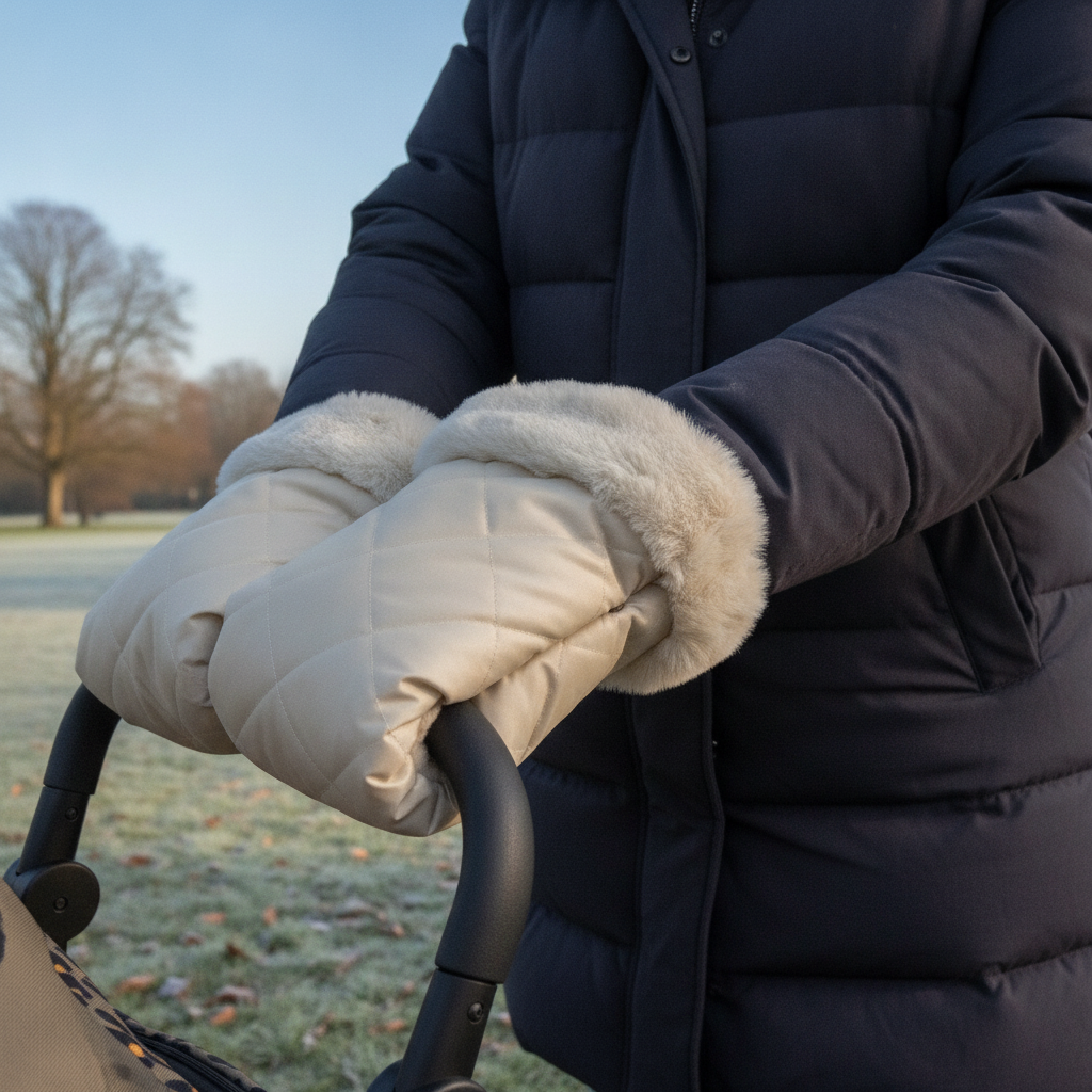 Fur hand mitts in feather colourway fitted to a pushchair handle on a cold day