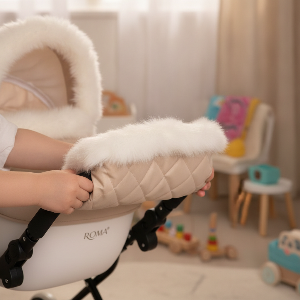Child fitting the cream Roma Dolls Pram Fur Handmuff onto a pram handle with matching hood fur