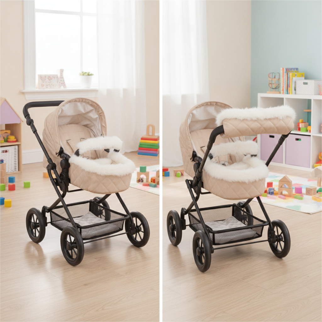 Cream Roma Dolls Pram Fur Handmuff shown fitted across Single and Twin Roma dolls prams