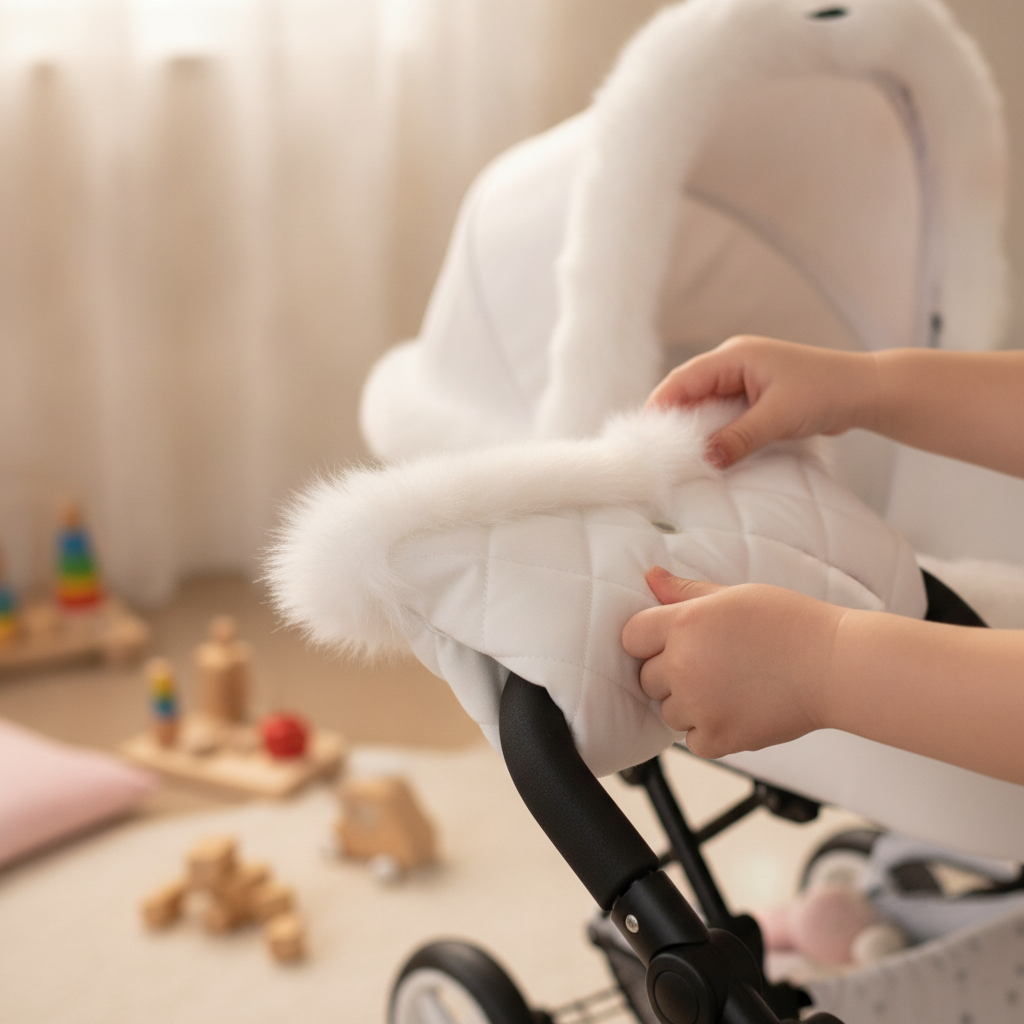 Child fitting the white Roma Dolls Pram Fur Handmuff onto a pram handle with matching hood fur