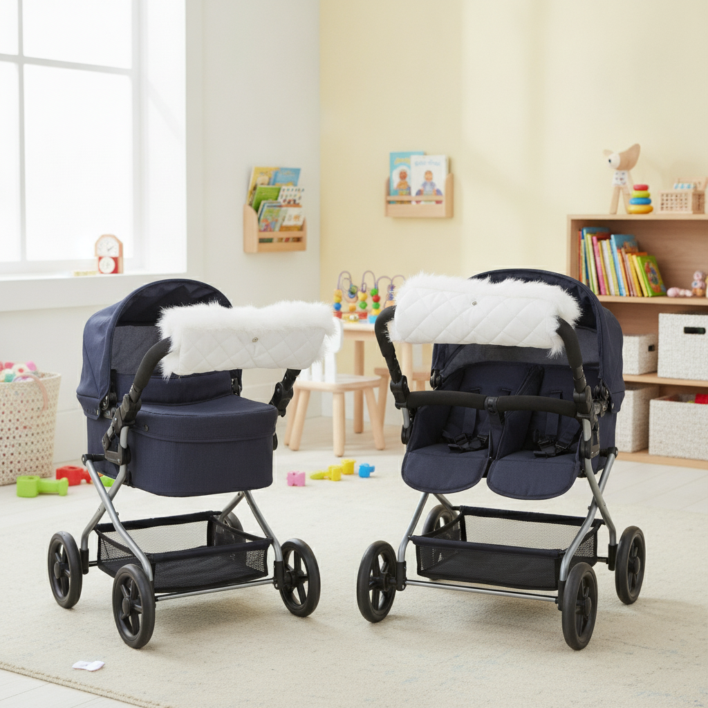 White Roma Dolls Pram Fur Handmuff shown fitted across Single and Twin Roma dolls prams