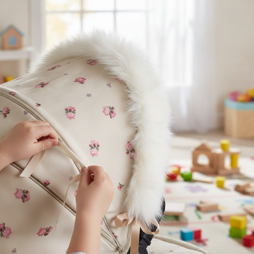 Child untying the ribbon on the cream Roma Dolls Pram Hood Fur