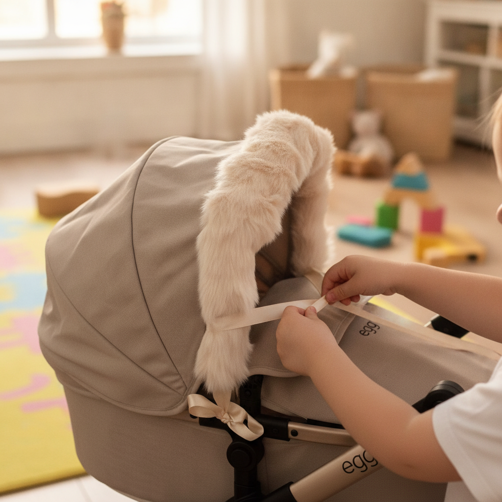 Child untying the ribbon on the feather Roma Dolls Pram Hood Fur