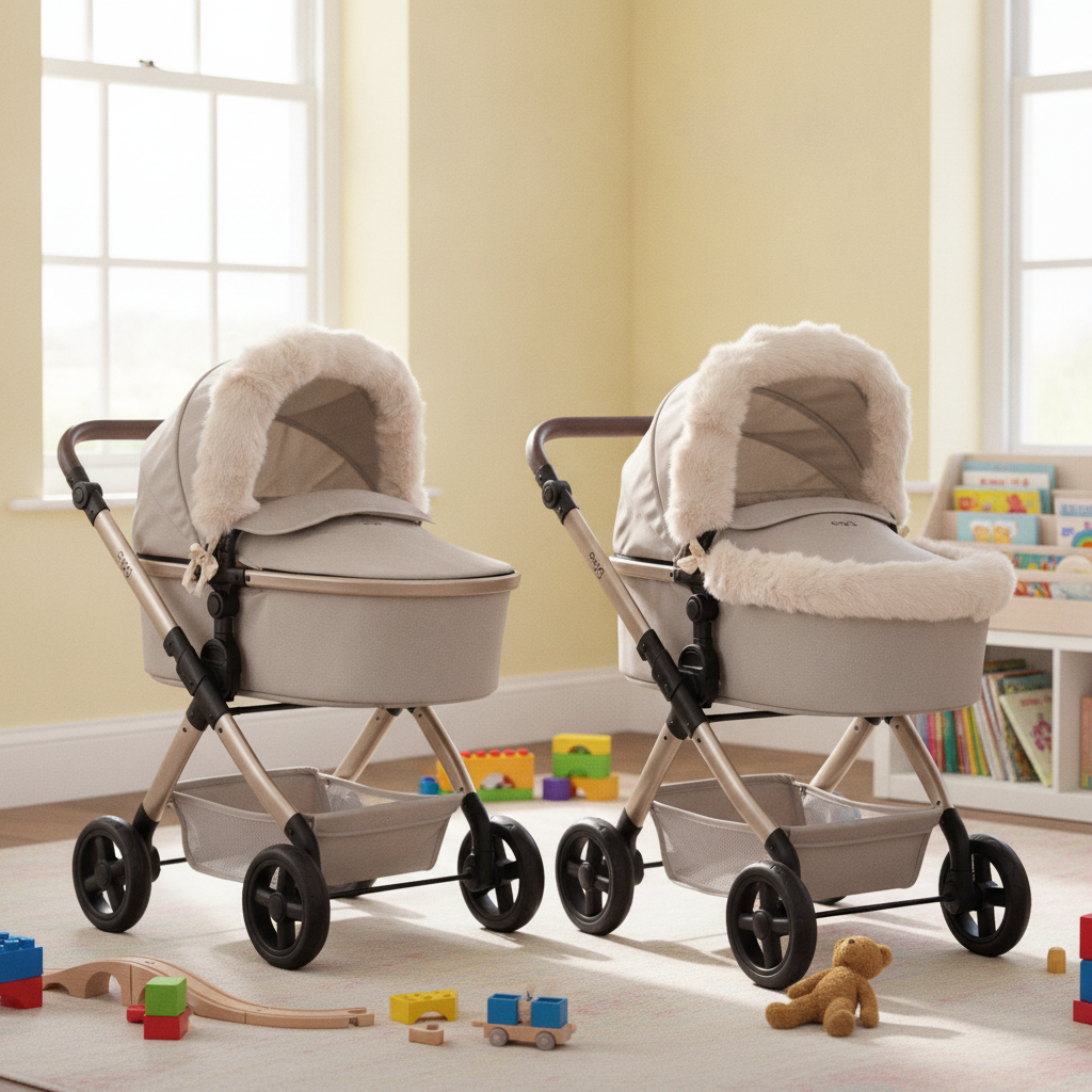 Feather Roma Dolls Pram Hood Fur shown fitted across the egg, Darcie and other Roma dolls pram models