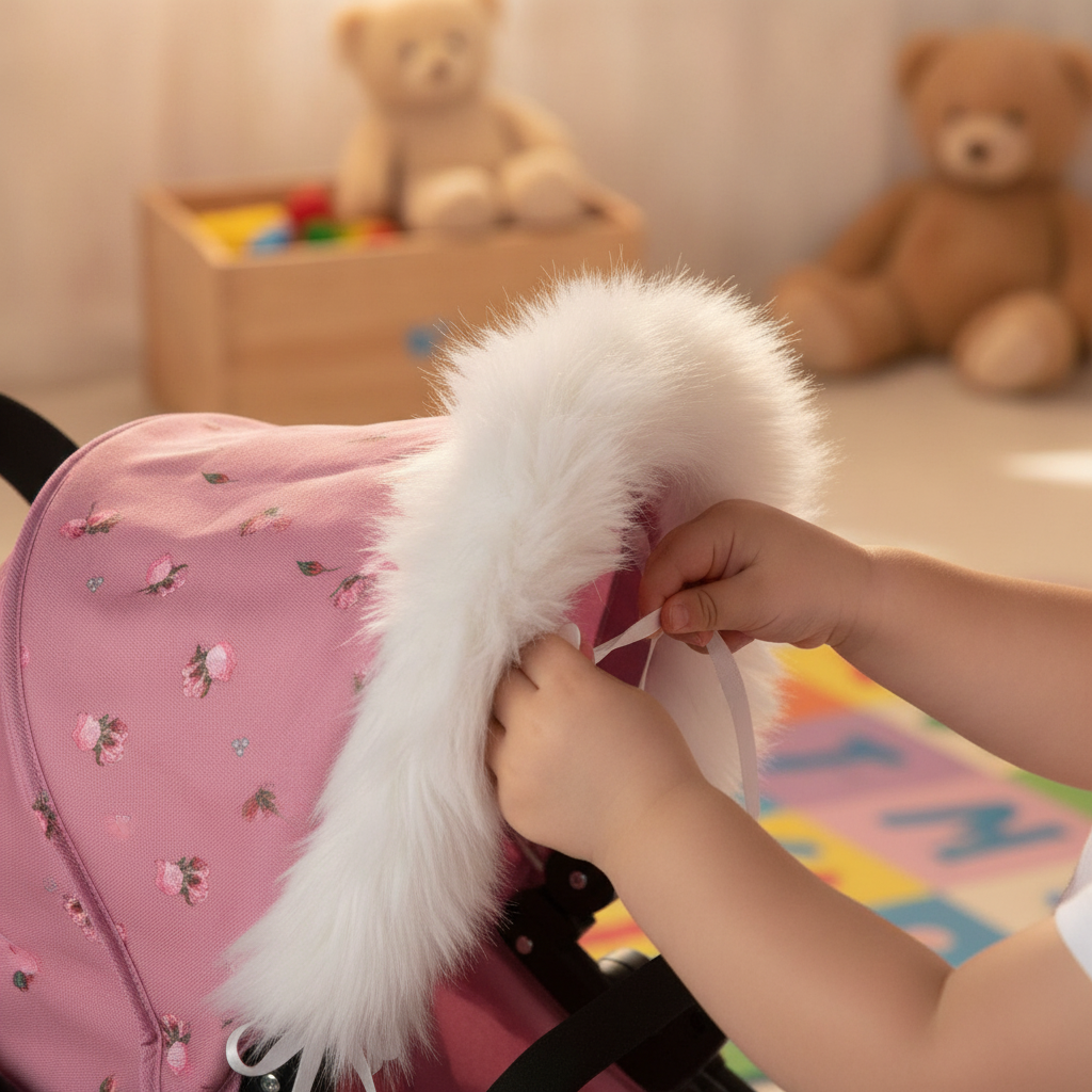 Child's hands tying the white Roma Dolls Pram Hood Fur onto a pram hood