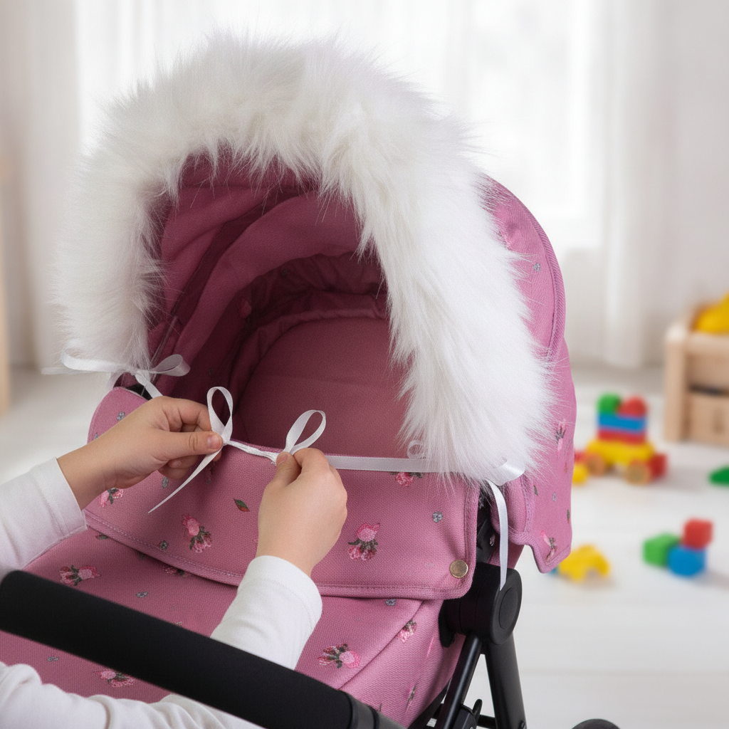 Child untying the ribbon on the white Roma Dolls Pram Hood Fur