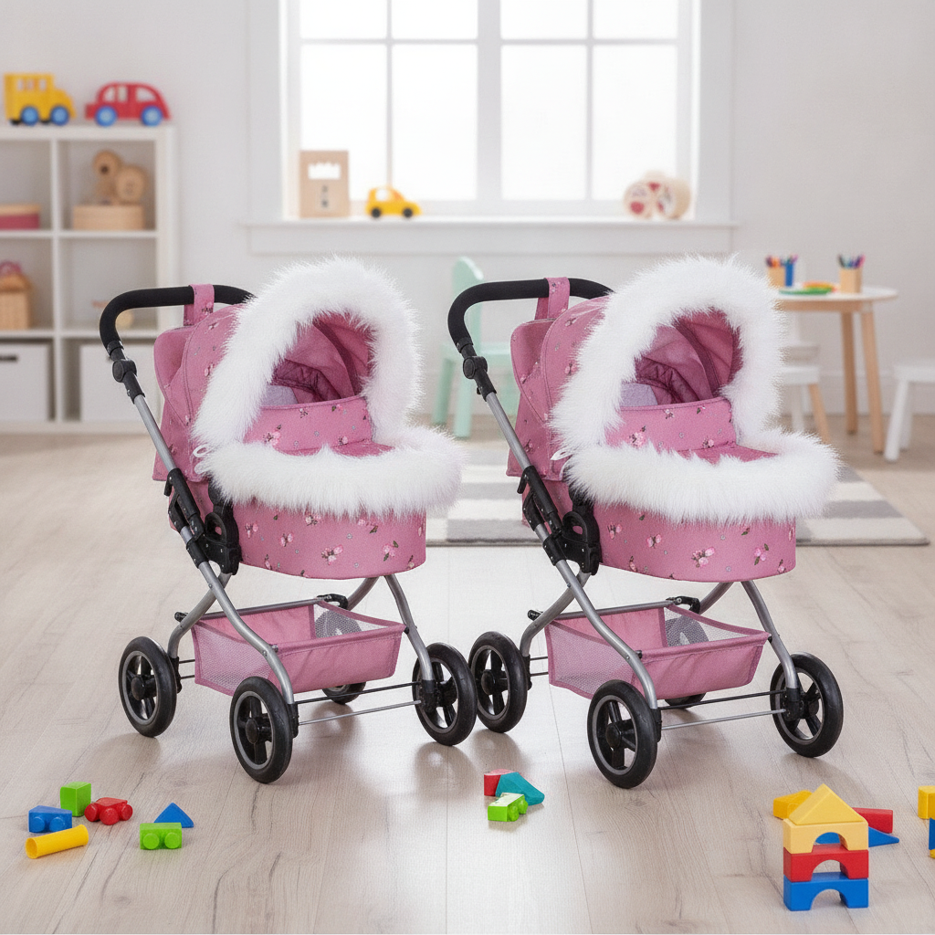 White Roma Dolls Pram Hood Fur shown fitted across different Roma dolls pram models