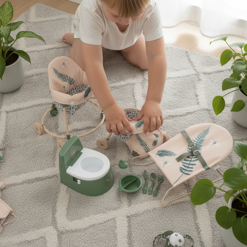 Roma RHS 10 Piece Accessory Set in Fern pieces being arranged for pretend play on a playroom rug