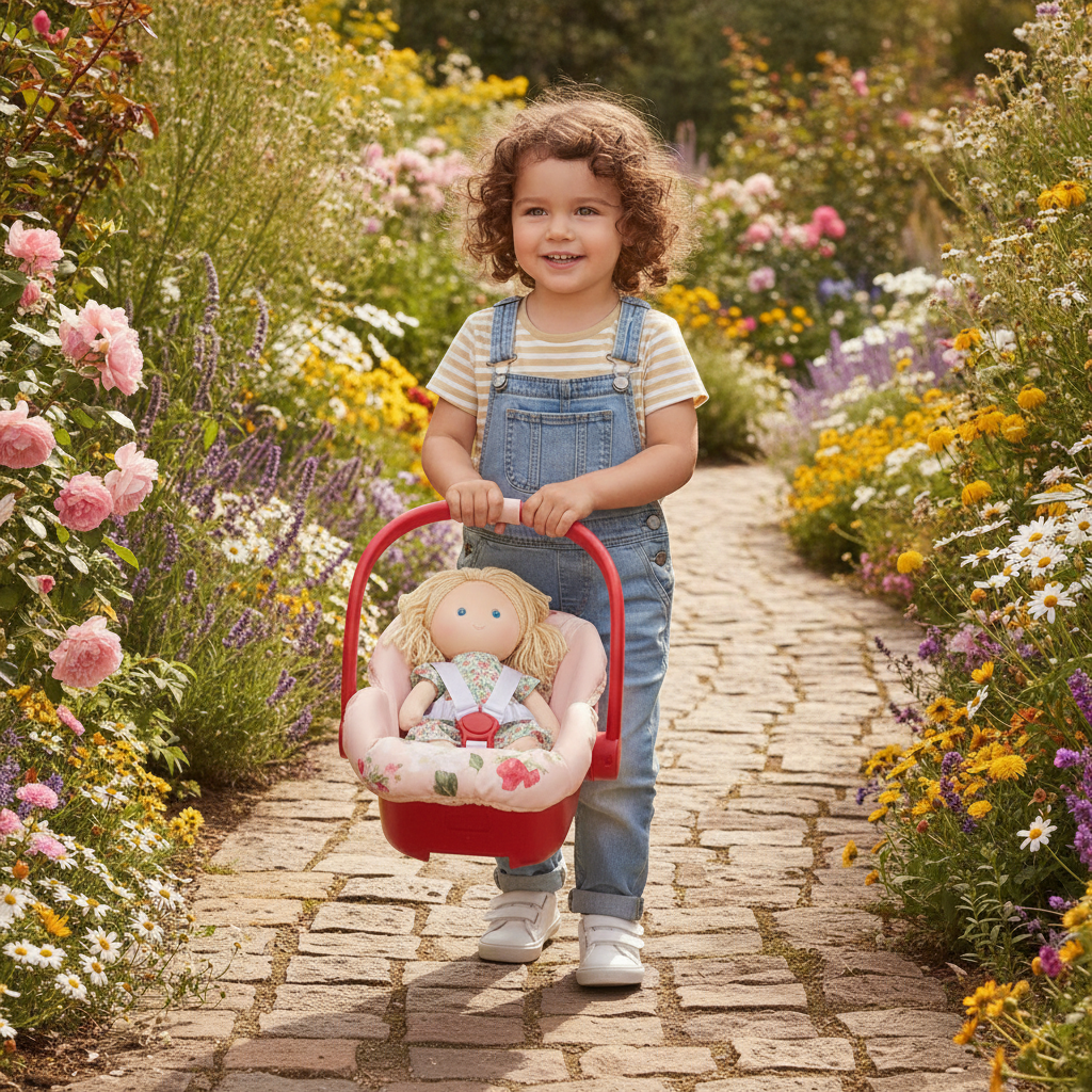Child carrying the Roma RHS Car Seat in Flora by its handle through a flower garden, doll strapped in