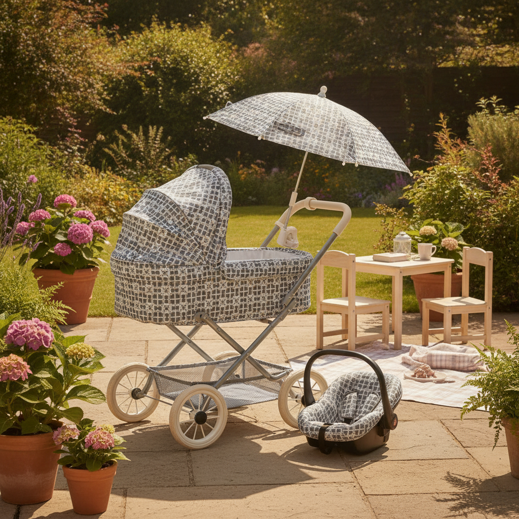 Roma RHS Parasol in Fern shown attached to the matching Roma RHS Fern dolls pram outdoors