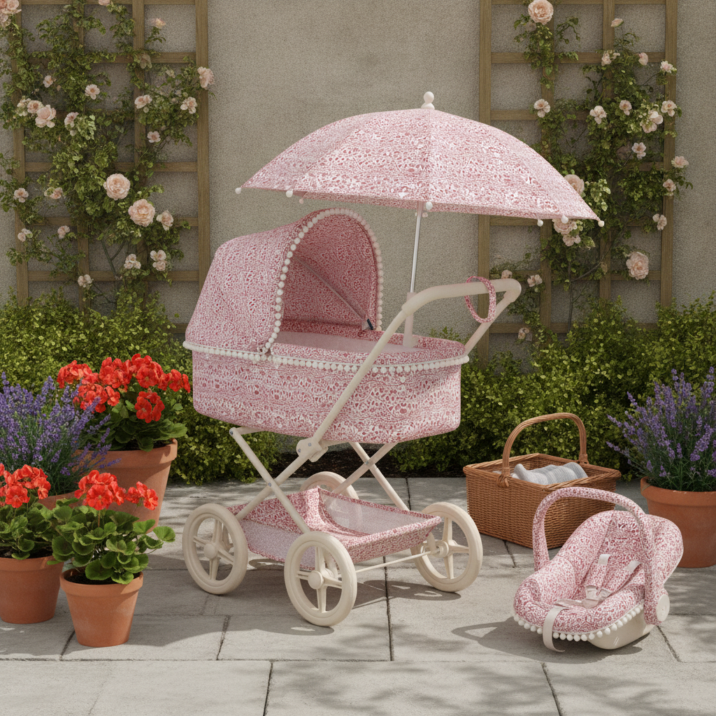 Roma RHS Parasol in Flora shown attached to the matching Roma RHS Flora dolls pram outdoors