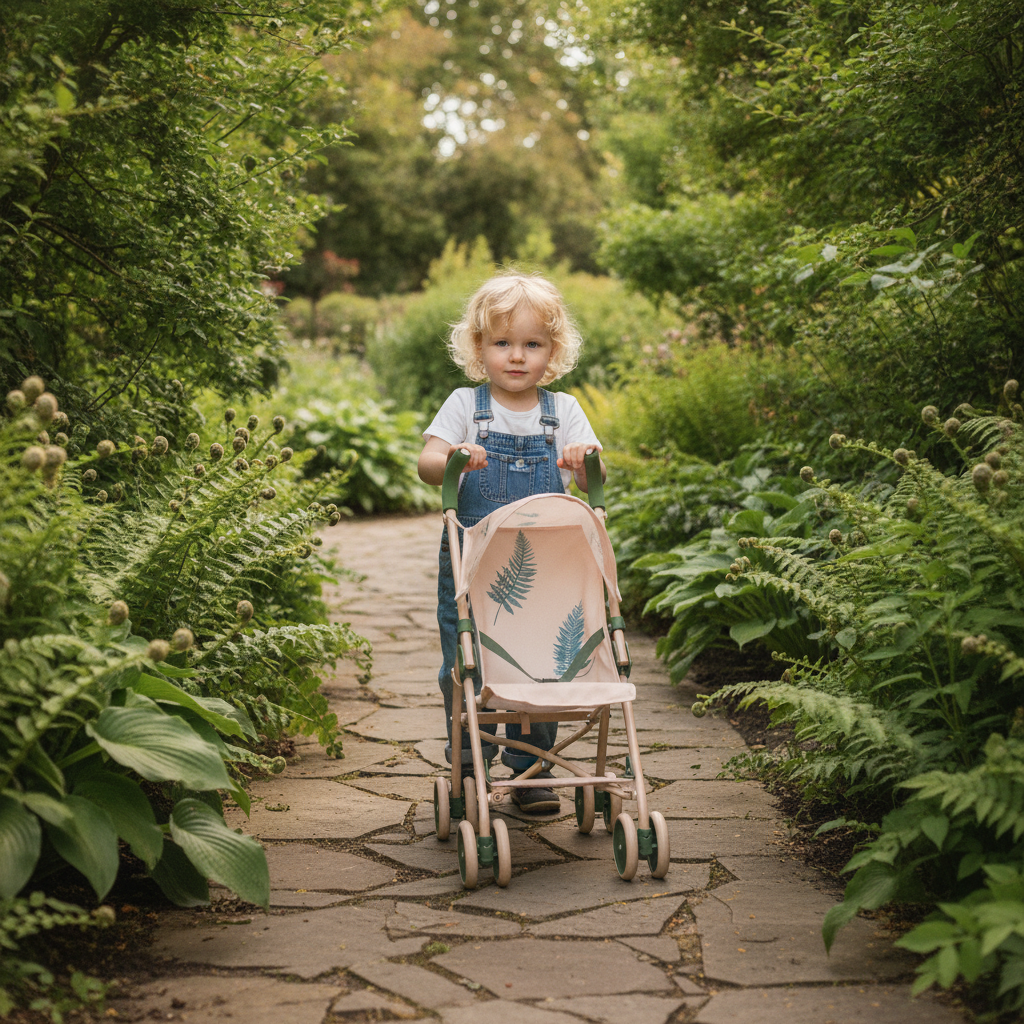 Roma RHS XL Umbrella Buggy in Fern being pushed by a child along a garden path lined with ferns