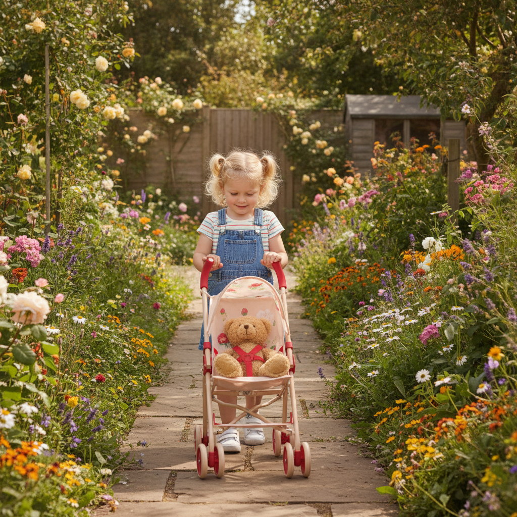 Roma RHS XL Umbrella Buggy in Flora being pushed by a child along a garden path