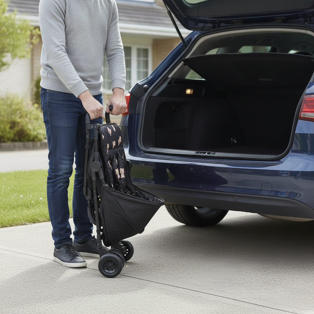 Roma Rizzo 2 Teddy Black pushchair folded down and being loaded into a car boot, showing the compact travel fold