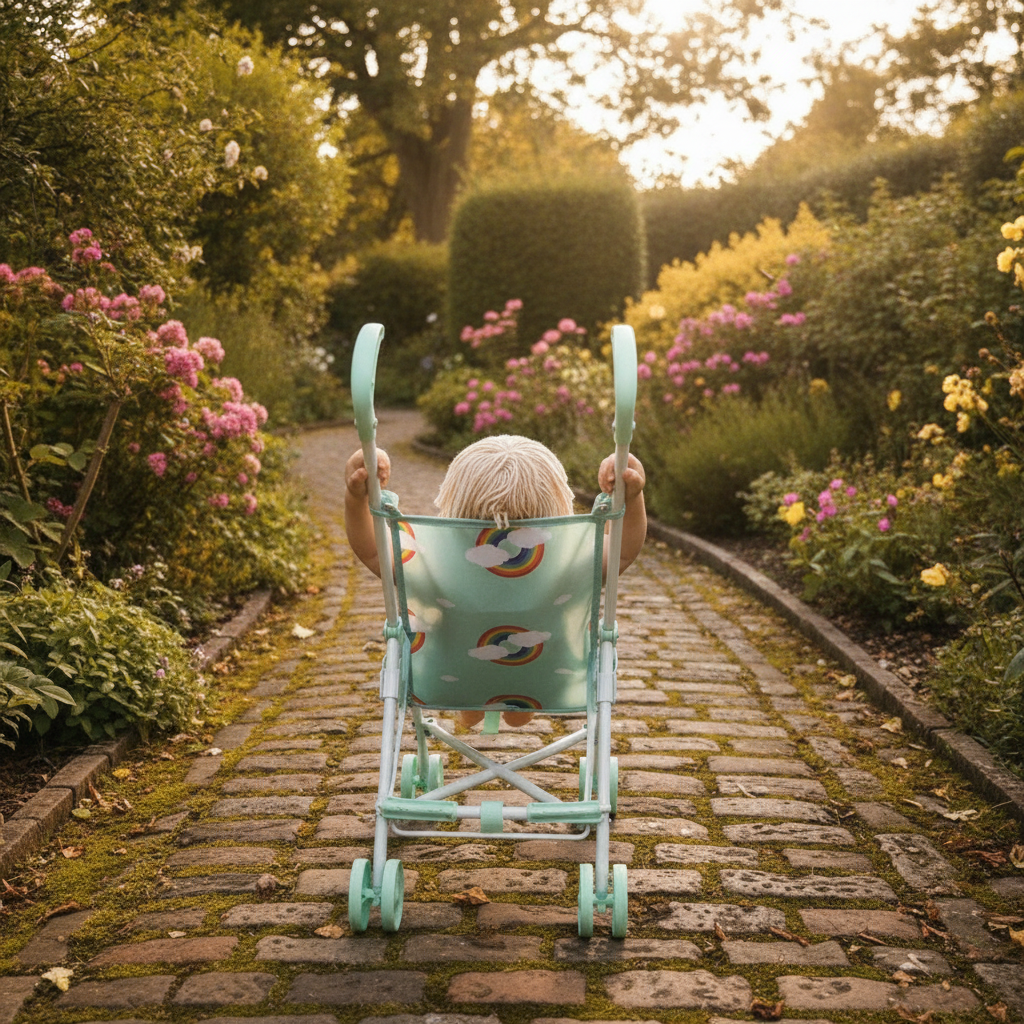 Child pushing the Roma Rupert Umbrella Buggy in Mint along a garden path with a doll seated inside