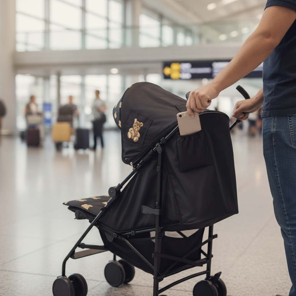 Roma Star Teddy Black travel pushchair being pushed through an airport terminal, hood pocket in use to store a phone