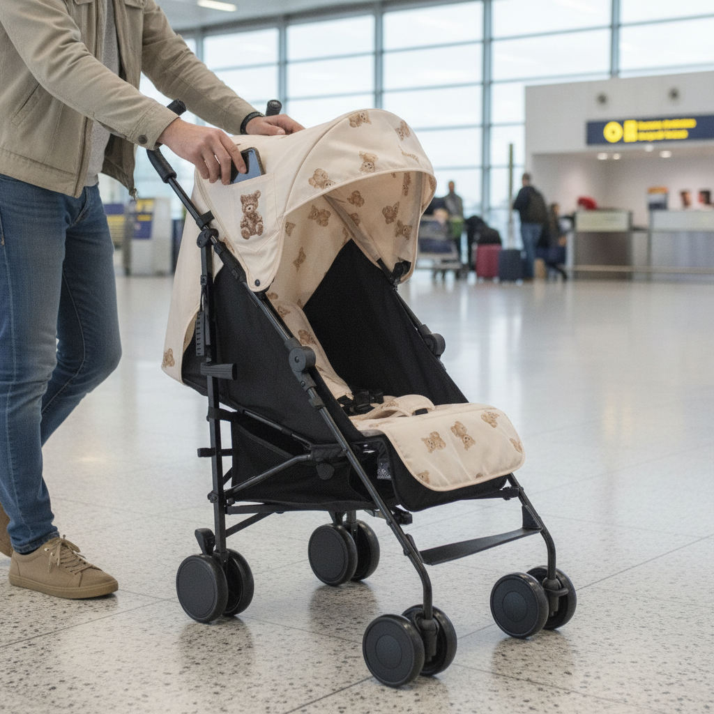 Roma Star Teddy Cream travel pushchair being pushed through an airport terminal, hood pocket in use to store a phone