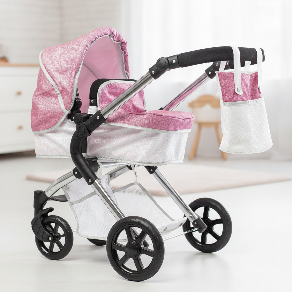 Roma Stephanie Single Dolls Pram in sparkle fabric on chrome chassis, styled in a bright room