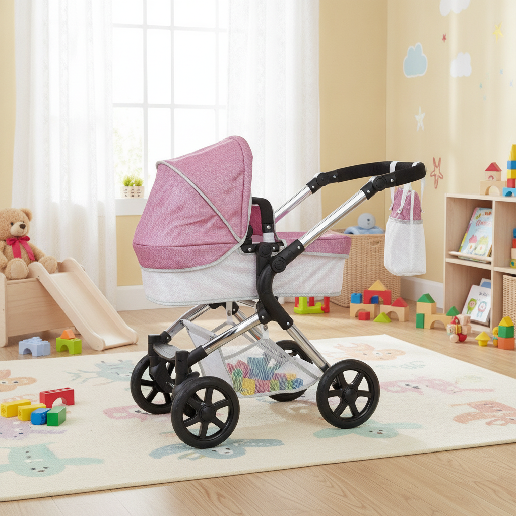 Roma Stephanie Single Dolls Pram shown with its coordinating changing bag, apron and shopping basket