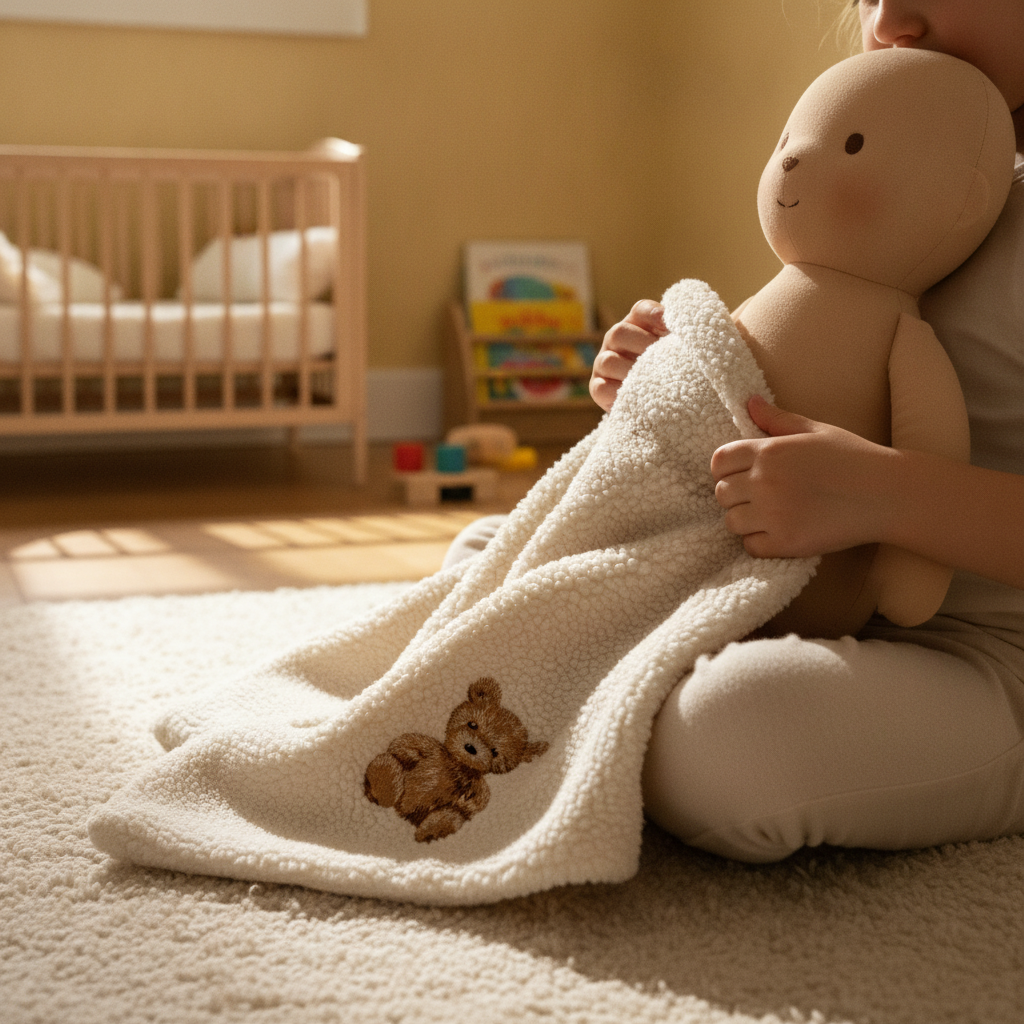 Child tucking the Roma Teddy Sherpa Blanket around a doll in a cosy bedroom setting
