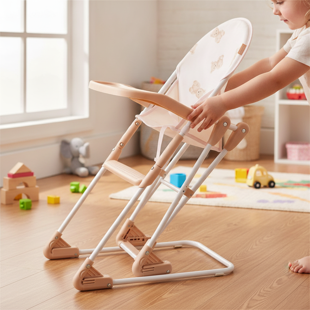 Roma Teddy Dolls High Chair being folded flat by a child for easy storage