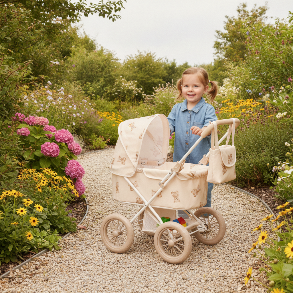 Toddler pushing the Roma Teddy My First Pram along a garden path with the shopping bag attached