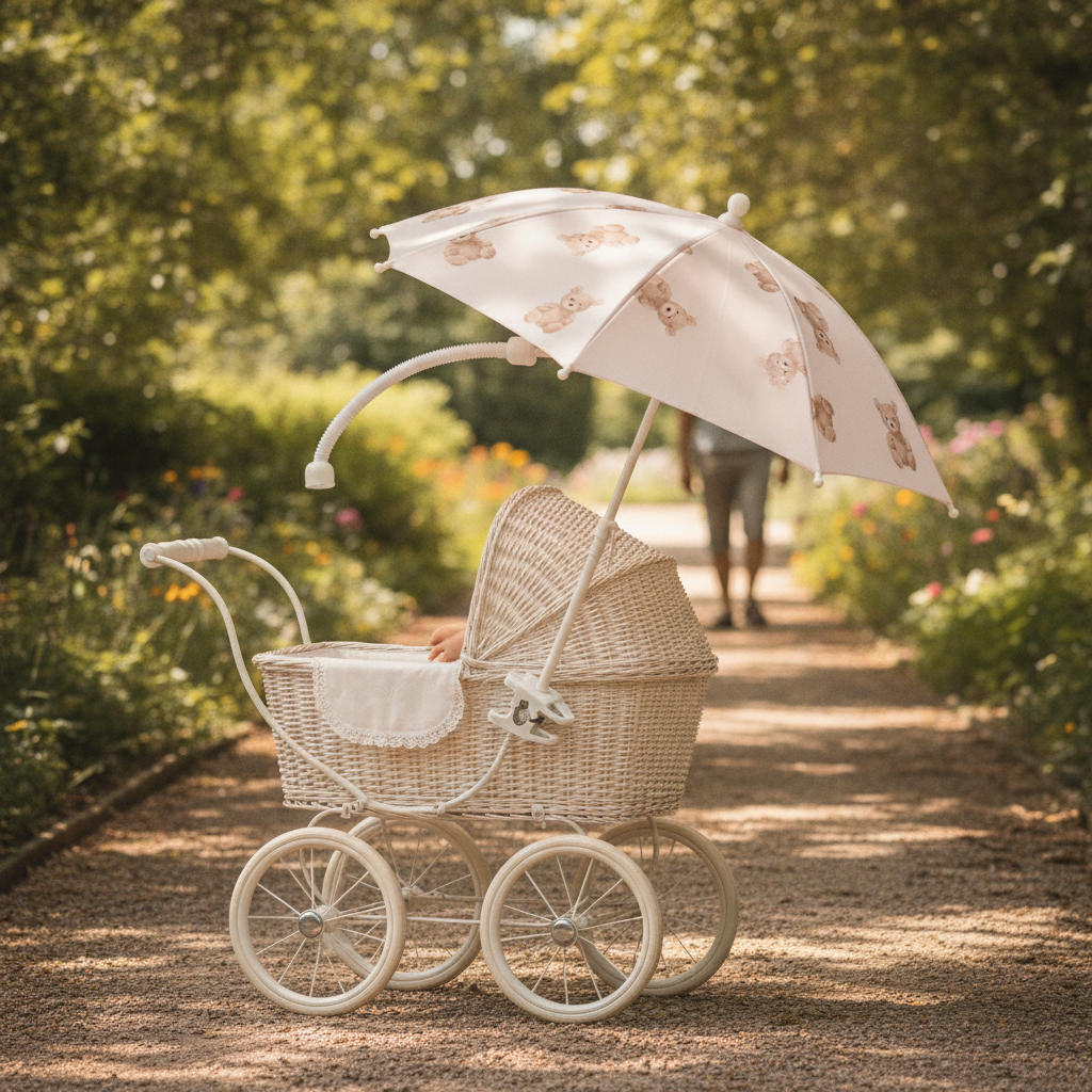 Roma Teddy Parasol clipped onto a dolls pram outdoors, showing the universal clip fitting
