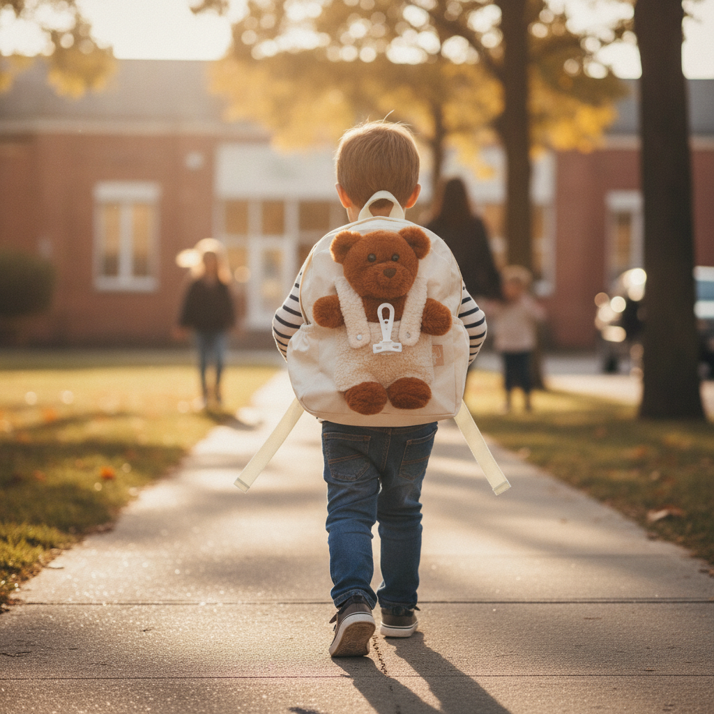 Child wearing the Roma Teddy Rucksack with its removable teddy bear companion, walking outdoors
