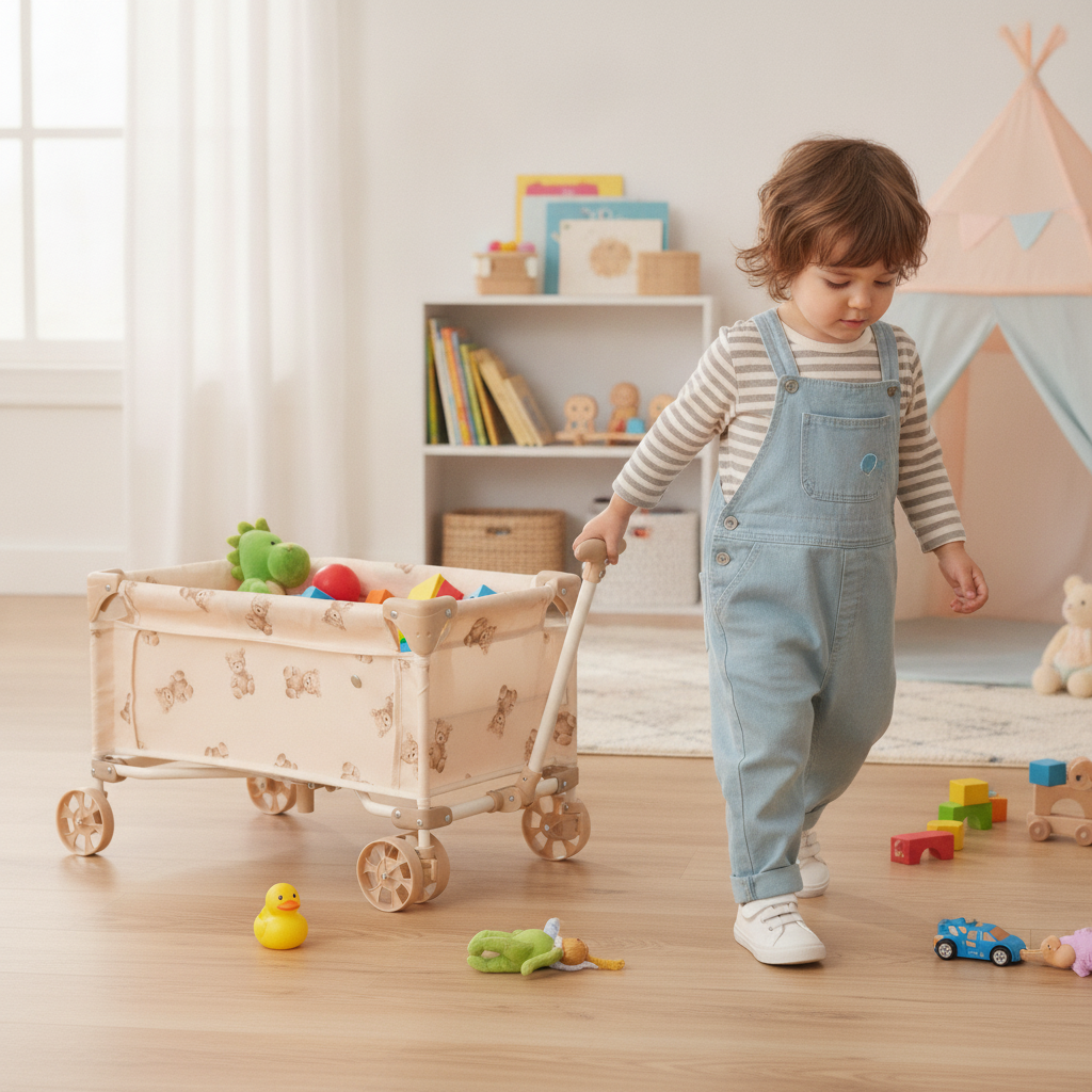 Child pulling the Roma Teddy Toy Wagon by themselves to gather up playroom toys