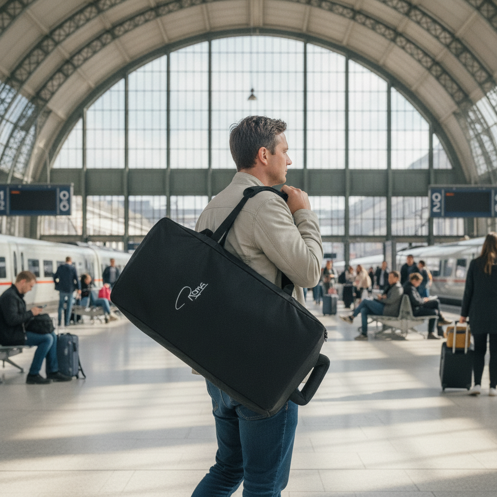 Parent carrying the Roma Pram Travel Bag over their shoulder through a train station