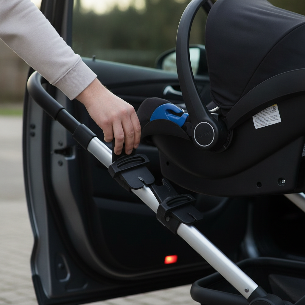 Parent clicking the Roma Vita/Moda Car Seat Adaptors onto the pram chassis beside an open car door