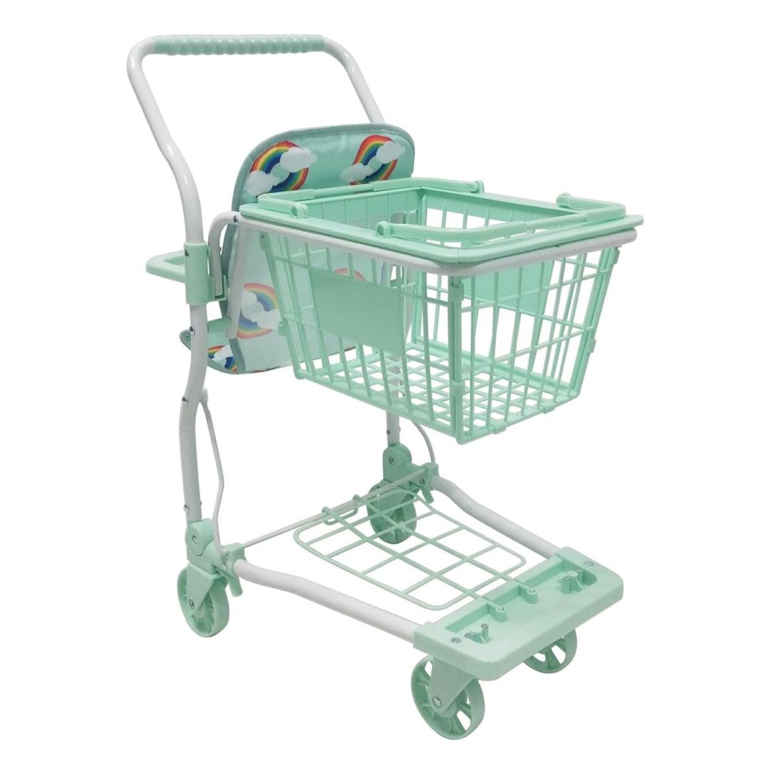 Roma Rupert Shopping Trolley in Mint, rainbow print, front view with basket