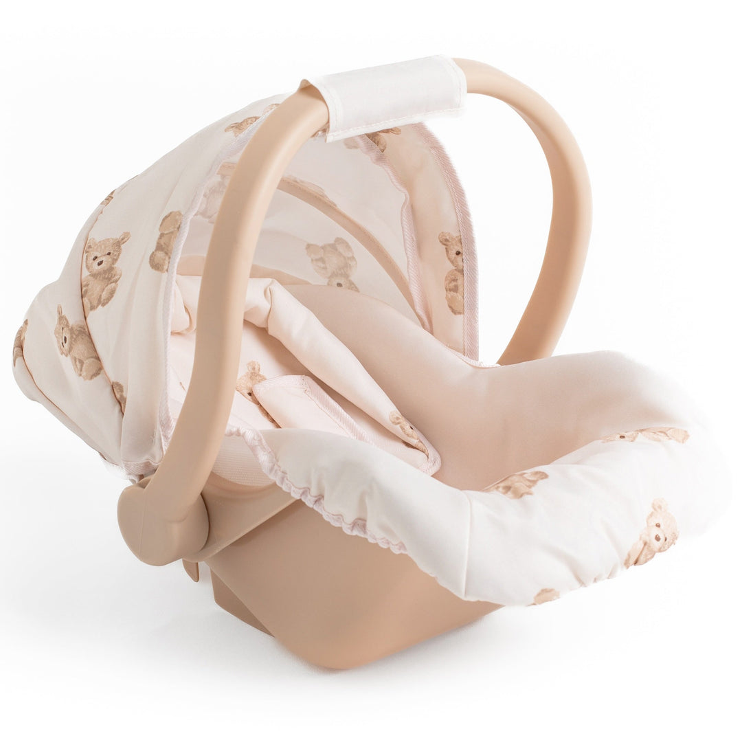 Roma Teddy Dolls Car Seat, cream shell with teddy print fabric and retracting hood, three-quarter view