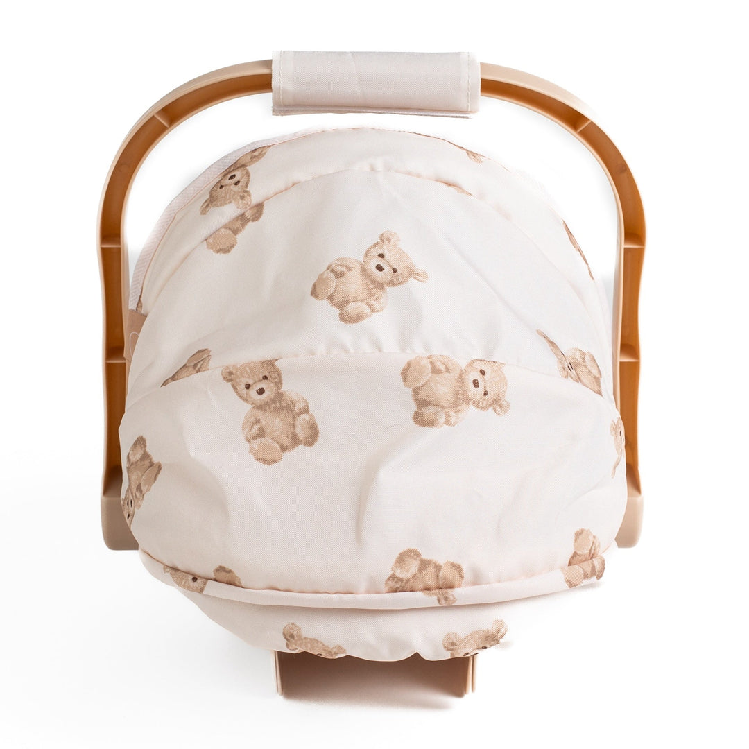 Back view of the Roma Teddy Dolls Car Seat hood showing the teddy bear print fabric detail